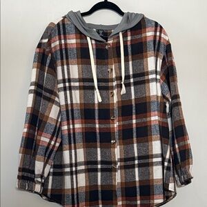 SHEIN Plaid Button-Up Hooded Cardigan